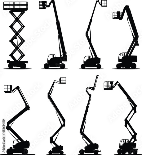 Aerial lift boom and scissor lifts silhouette, construction platform, hydraulic equipment, industrial machinery, vector icons, isolated black illustration