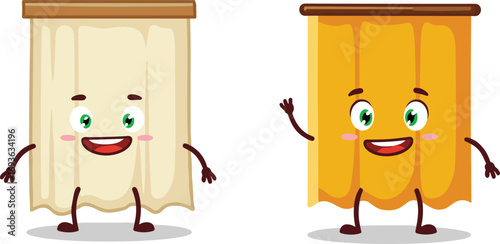 cartoon curtain characters, cute window drapes, smiling fabric panels, anthropomorphic home decor, playful textile design, cheerful interior illustration, friendly household items, animated