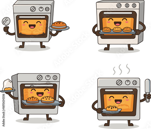 Cartoon happy oven characters baking bread pies muffins cupcakes, cute kitchen appliance illustration, cheerful cooking concept, bakery food art design