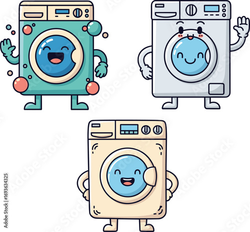 Cartoon washing machines, cute appliance characters, happy laundry mascots, colorful washer illustration, smiling household devices, playful cleaning concept, cheerful home decor art