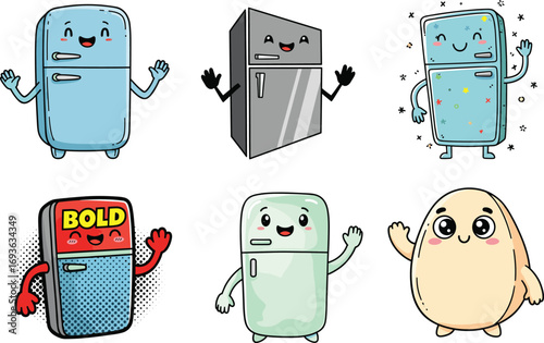 Cartoon refrigerator characters, cute fridge illustration, smiling appliance icons, colorful kitchen design, playful food storage mascot, cheerful household equipment art