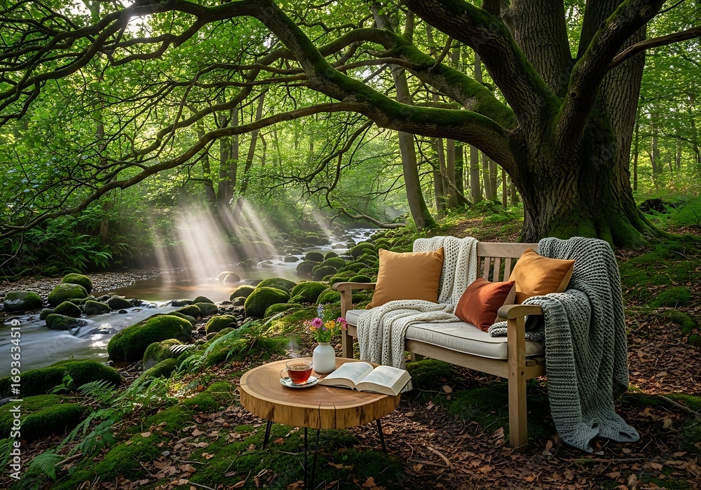 Fototapeta premium Tranquil forest scene with a bench by a stream