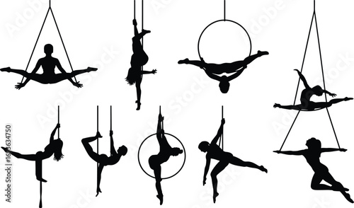 Aerial Silhouettes of Female Acrobat Artists Performing Dance, Circus and Fitness Poses on Hoop, Rope, and Silk, Vector Illustration