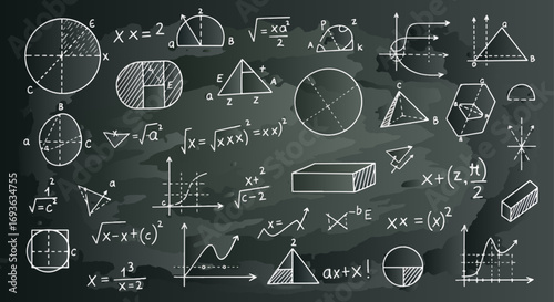 A dark chalkboard displays a complex tapestry of mathematical concepts, featuring hand-drawn geometric shapes, graphs, and algebraic formulas in white chalk