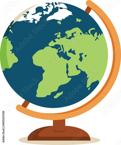 Stylized illustration of a globe showing continents and oceans on a stand
