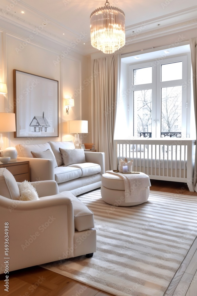 Fototapeta premium Elegant nursery room with crib and comfortable sofa