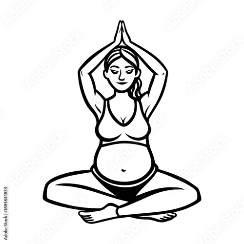 Pregnant woman performing lotus pose yoga for wellness and serenity embracing motherhood mindfulness and inner peace in artistic outline style silhouette