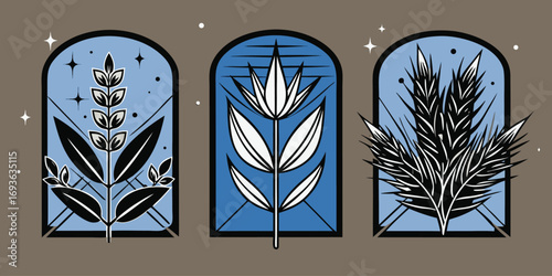 Three arched windows with stylized botanical illustrations in blue and black