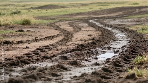 Tracks Left by Vehicles on Wet Soil in a Grassy Field During Daylight Hours