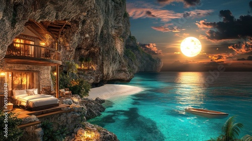 Seaside Dream Dwelling: A Luxurious Cliffside Abode with Turquoise Waterscape at Sunset