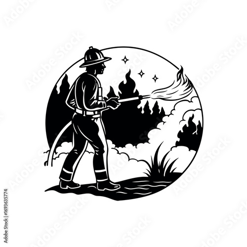 Brave firefighter battling wildfire in circular emblem symbolizing danger and heroism of firefighting efforts silhouette