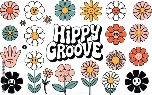 Groovy hippy flowers bring retro vibes, perfect for t-shirts, stickers, and nostalgic designs