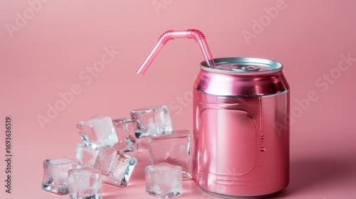 Pink Aluminum Soda Can with Ice Cubes and Straw on Soft Pink Background