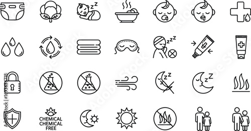 Baby care and hygiene icons set, diaper, cotton, sleeping baby, bath, water drops, safety, chemical free, skin protection vector