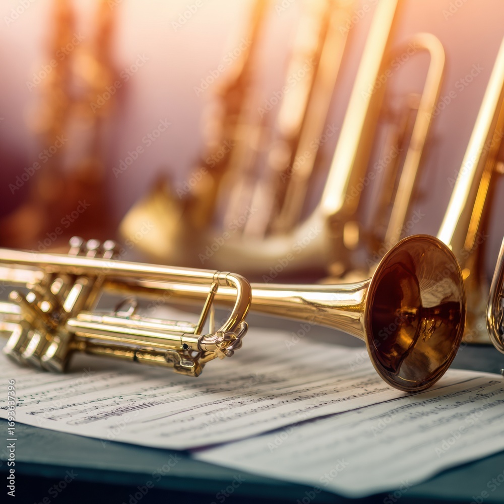 Obraz premium Professional Brass Musical Instruments and Sheet Music in Retro Collegiate Setting Authentic Education Content for Inspiring Music Marketing Campaigns