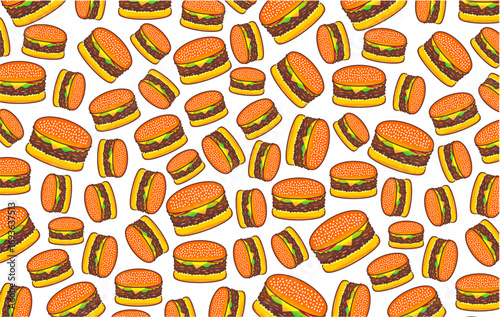 Doodle burger pattern background. Seamless pattern of burger. Doodle cheese burger of hamburger pattern background. Burger pattern. Vector illustration.
