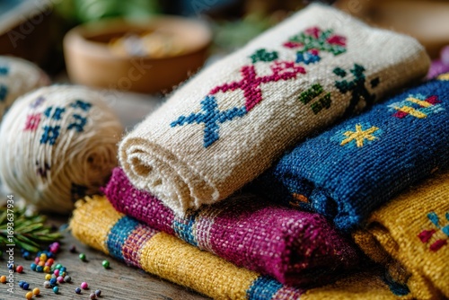 Vibrant Handcrafted Textiles with Colorful Patterns and Natural Fiber Stacks for Interior Decor and Crafting Inspiration