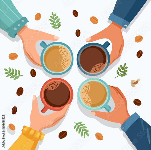 Coffee Time with Friends, People Holding Mugs in a Circle