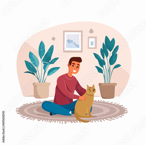 Man Playing with His Cat and Watering Potted Plants at Home