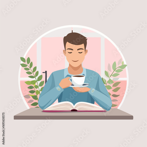 Young Man Reading Book and Drinking Coffee/Tea at Home