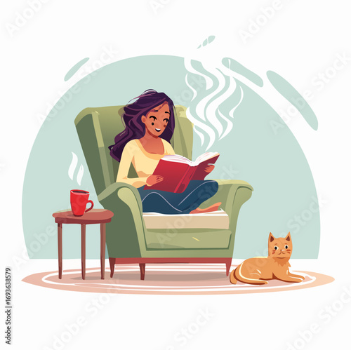 Young Woman Reading Book in a Cozy Living Room with Her Cat