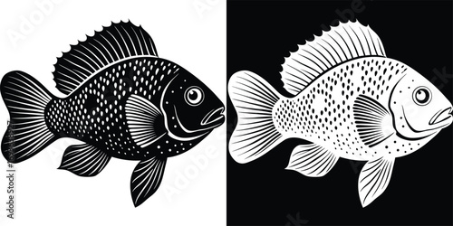 Striking black and white fish illustration with detailed scales and fins, perfect for aquatic themes and design projects