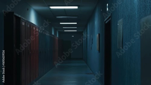 Dimly lit corridor with lockers, creating mysterious atmosphere