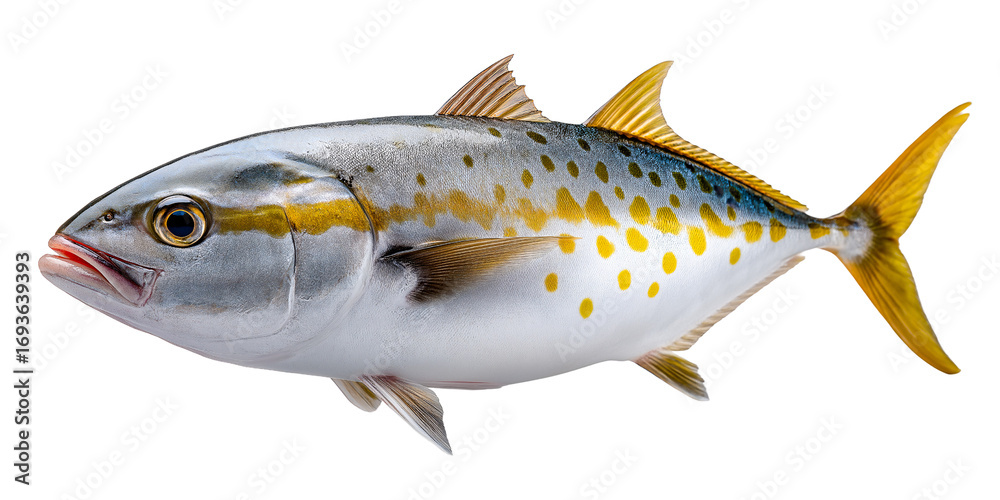 Obraz premium Golden Jack: A vibrant Golden Jack in pristine clarity, showcasing its distinctive yellow accents and streamlined physique in a close-up view. 
