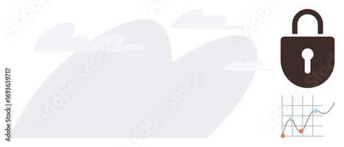 Lock symbolizing security next to data analytics chart against a cloud. Ideal for data protection, cloud storage, analytics, cybersecurity, privacy, access management, and secure communication