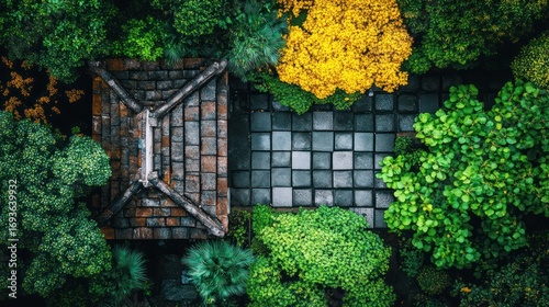 Zen garden aerial perspective with lush foliage, tranquil stone path, and rustic rooftop texture