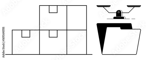 Stacked boxes organized beside a file folder balanced on a scale. Ideal for logistics, storage, organization, shipment, digital data, balance, and minimal flat metaphor