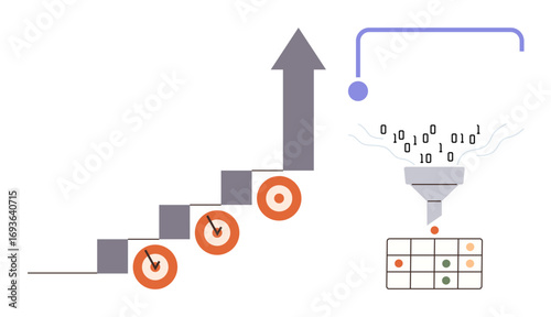 Binary data flowing into a funnel, creating categorized outputs on a table beside a growth arrow and staircase with targets. Ideal for data analysis, decision-making, process optimization, business