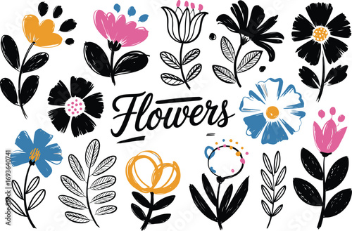 Stylized hand-drawn flowers for vibrant design projects or cheerful stationery backgrounds and pretty invitations