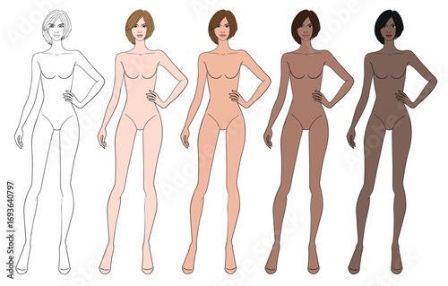 Colored skin tones fashion croquis figurines hand on hip with asymmetrical layered bob hairstyle woman in vector.