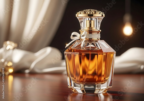 Luxury Perfume Bottle with Golden Accents and Elegant Presentation.