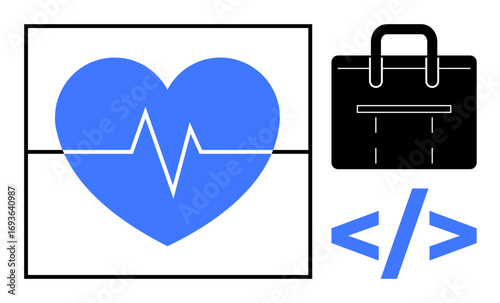 Blue heart with heartbeat line, black briefcase, coding brackets symbolizing health, professional work, and technology integration. Ideal for medical tech, remote work, software, career balance