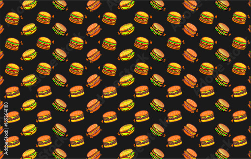 Doodle burger pattern background. Seamless pattern of burger. Doodle cheese burger of hamburger pattern background. Burger pattern. Vector illustration.