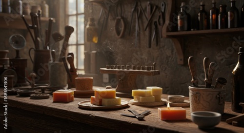 Rustic workshop scene with handmade soap wooden tools and vintage aesthetic evoking a sense of craftsmanship