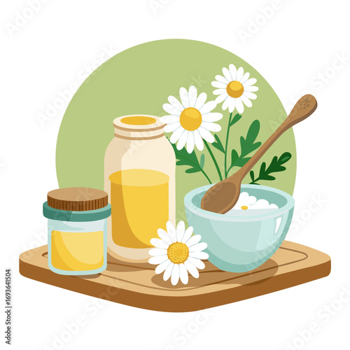 Chamomile flower extract, vector artwork, isolated on white background