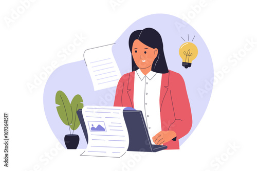 Copywriter and Creative Content Creation. A Professional Woman Writing Engaging Text, Highlighting the Importance of Content Strategy for Digital Marketing. Flat Vector Illustration