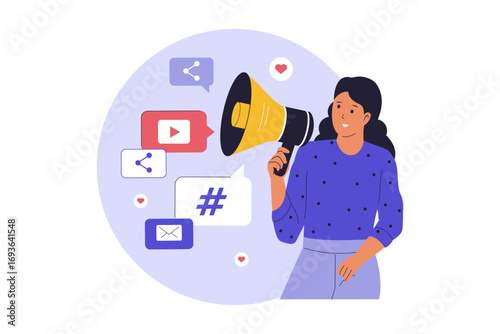 Digital Promotion and Social Media Marketing. A Professional Woman Promoting Her Business Online, Highlighting a Comprehensive Strategy for Digital Advertising. Flat Vector Illustration
