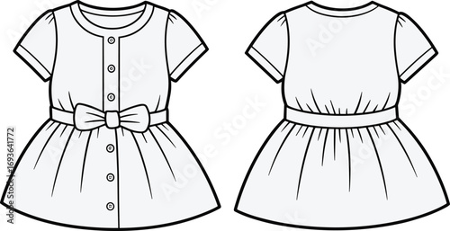 Baby girl short sleeve dress with front button closure, waist bow tie, gathered skirt design, cad flat fashion sketch vector