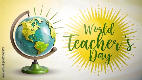 Photo of a globe with the text world teachers day and a bright sunburst, celebrating educators worldwide