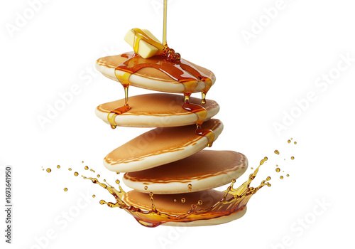 Dynamic Stack of Collapsing Pancakes with Syrup and Butter Isolated on White