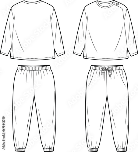 Baby jogger pants and top set, long sleeve buttoned shoulder design, front and back technical sketch, vector cad illustration