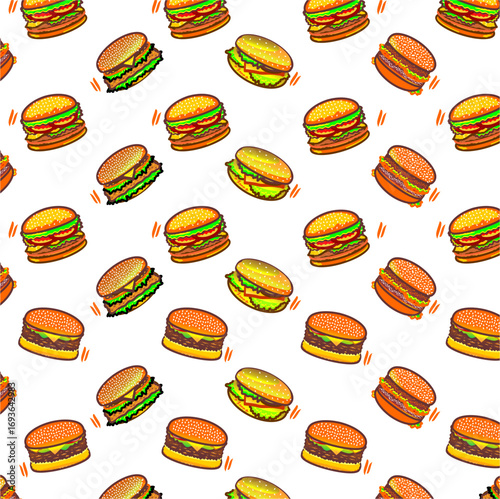 Doodle burger pattern background. Seamless pattern of burger. Doodle cheese burger of hamburger pattern background. Burger pattern. Vector illustration.