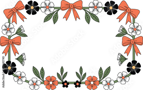 Charming floral frame with bows and leaves creates a delightful border for invitations and announcements