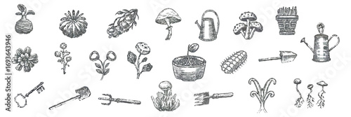 Hand drawn vintage engraving gardening tools icon illustration vector