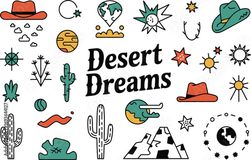 Charming desert dreams illustration with cacti, cowboy hats, and planetary designs for creative projects