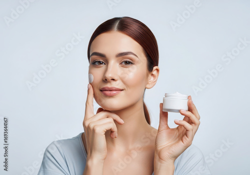 Young woman applying moisturizing cream to her face for skincare